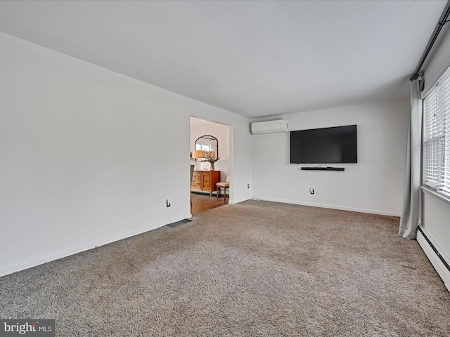 unfurnished living room featuring a wall mounted air conditioner, carpet, and a baseboard radiator