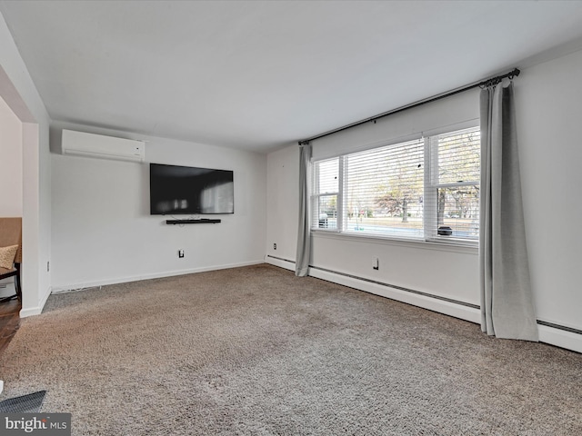 unfurnished living room featuring a wall mounted air conditioner, baseboard heating, and carpet