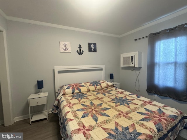 6406 Coastal Hwy Unit 201, Ocean City, MD 21842 - bedroom featuring wood finished floors, an AC wall unit, crown molding, and baseboards