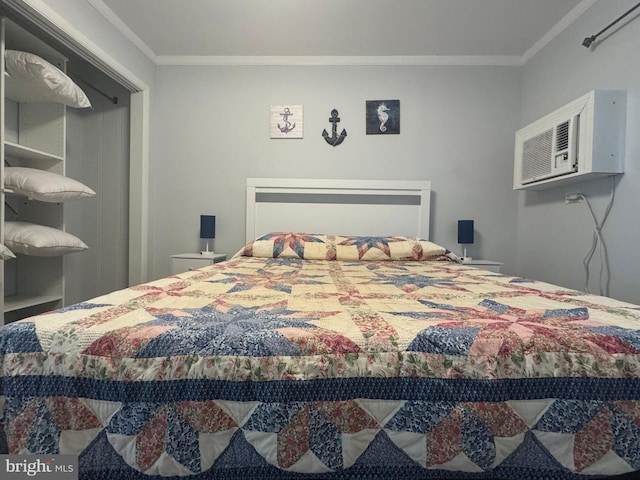6406 Coastal Hwy Unit 201, Ocean City, MD 21842 - bedroom with crown molding and an AC wall unit