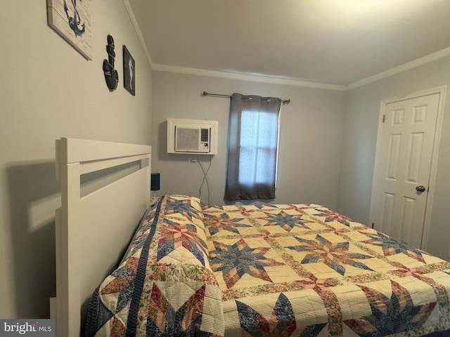 bedroom with crown molding and a wall mounted AC