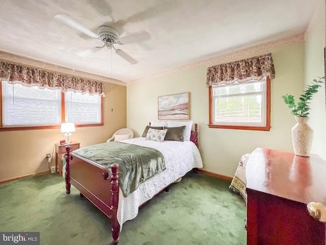 bedroom featuring ceiling fan, carpet floors, and multiple windows