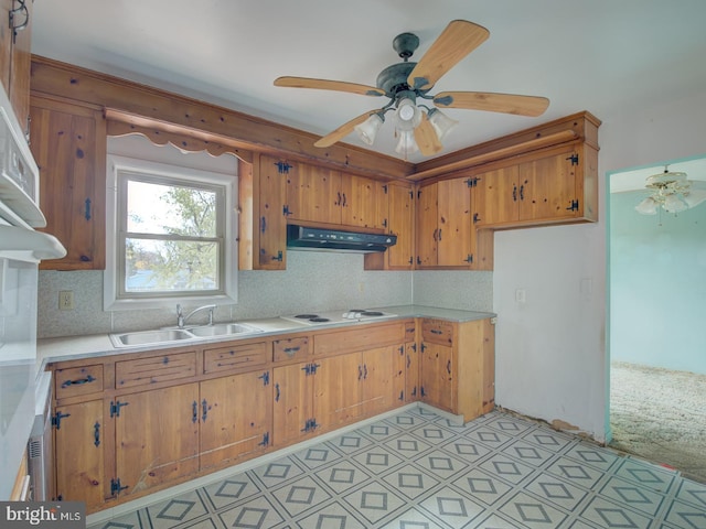 kitchen featuring sink, ceiling fan, and white stovetop