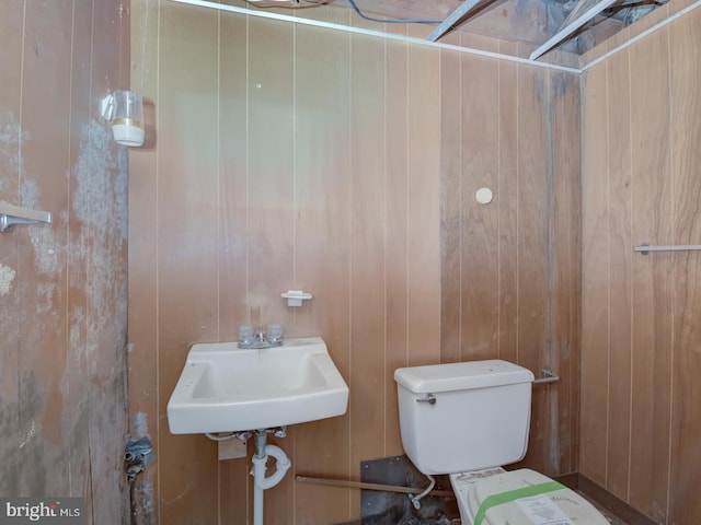 bathroom featuring wooden walls, sink, and toilet