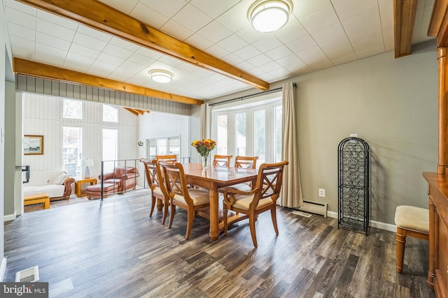 dining room featuring dark hardwood / wood-style floors, a healthy amount of sunlight, beam ceiling, and a baseboard heating unit