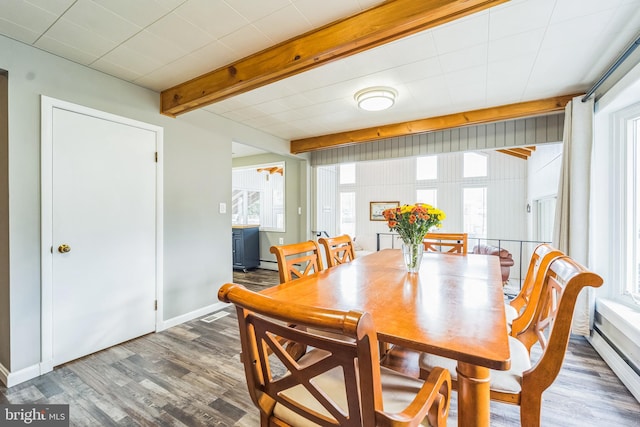 dining area with beam ceiling, dark wood-type flooring, and a baseboard radiator