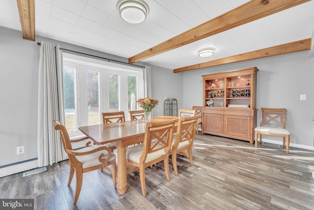 dining room featuring beam ceiling and hardwood / wood-style flooring