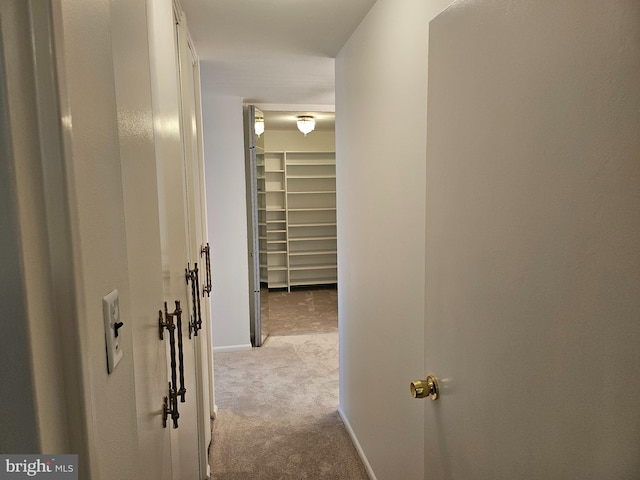 hallway featuring light colored carpet