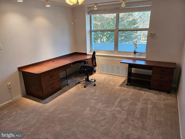 carpeted office space with rail lighting