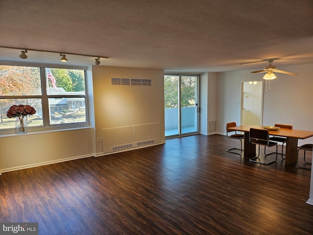 unfurnished room featuring dark hardwood / wood-style flooring, a textured ceiling, a wealth of natural light, and track lighting