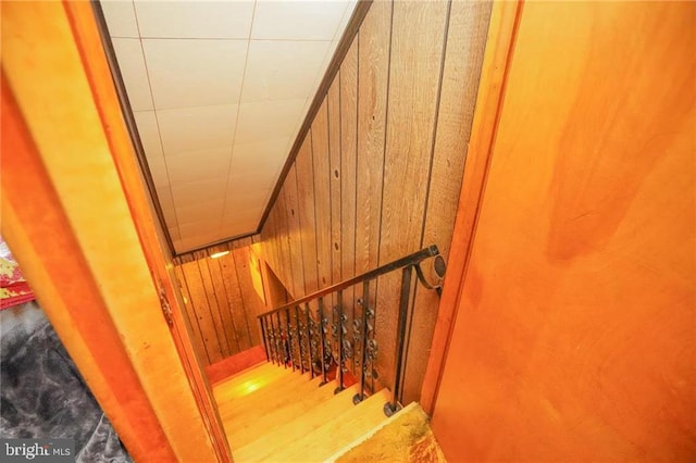 staircase featuring wooden walls