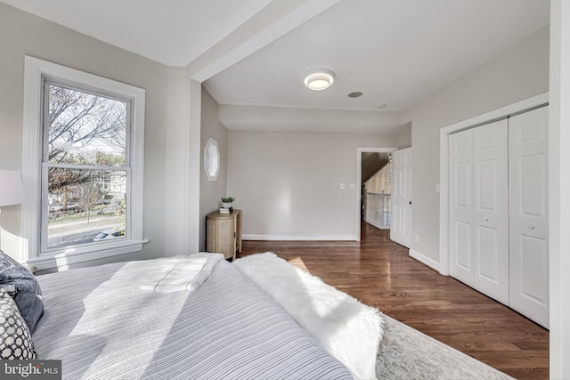 bedroom with dark hardwood / wood-style flooring and a closet