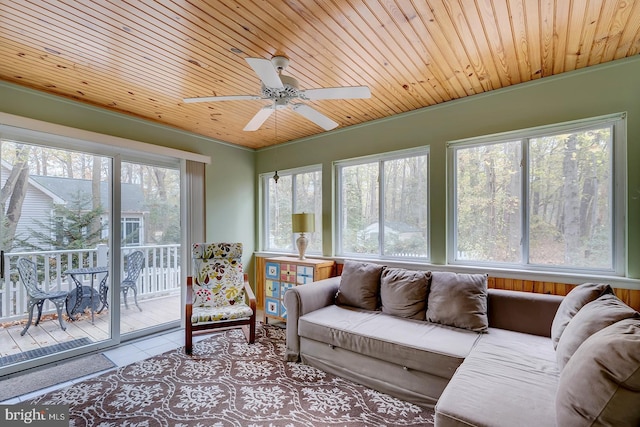 sunroom / solarium with ceiling fan and wooden ceiling