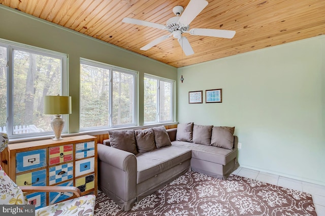 living room with ceiling fan, light tile patterned floors, and wooden ceiling