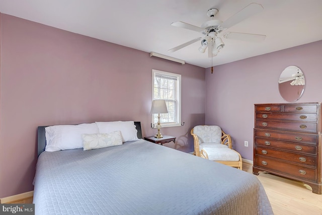 bedroom with ceiling fan and light wood-type flooring