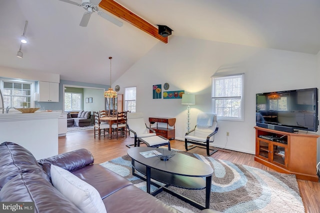 living room with ceiling fan, sink, beam ceiling, high vaulted ceiling, and light hardwood / wood-style flooring