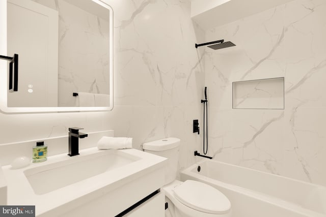 full bathroom featuring decorative backsplash, vanity, tiled shower / bath combo, tile walls, and toilet