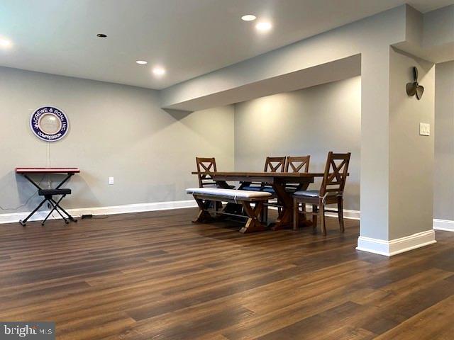 dining space featuring dark wood-type flooring