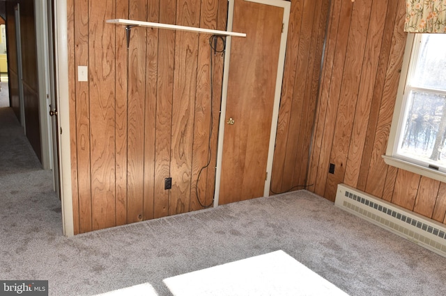 interior space featuring carpet flooring, wooden walls, and a healthy amount of sunlight