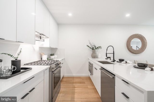 kitchen with sink, light stone countertops, light hardwood / wood-style floors, white cabinetry, and stainless steel appliances