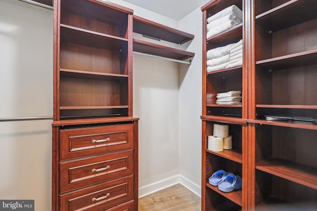 spacious closet with light hardwood / wood-style flooring