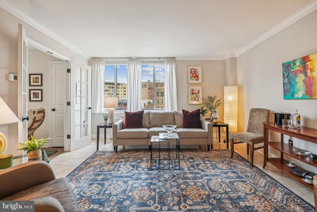 living room featuring crown molding and light tile patterned flooring