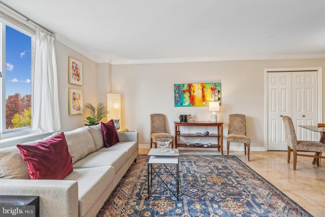 living room with ornamental molding