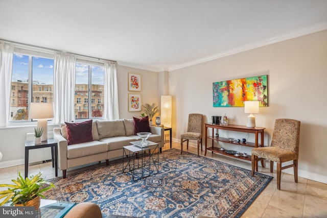 tiled living room with crown molding