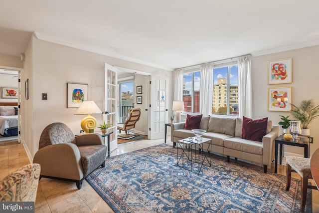 1239 Vermont Ave NW Unit 602, Washington, DC 20005 - living room featuring ornamental molding, french doors, and baseboards