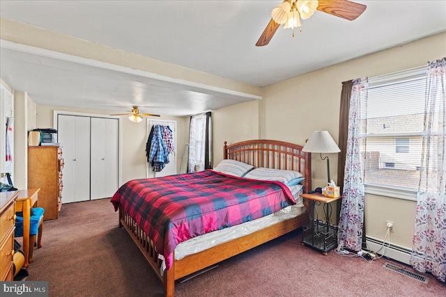 bedroom featuring ceiling fan, a closet, and dark carpet