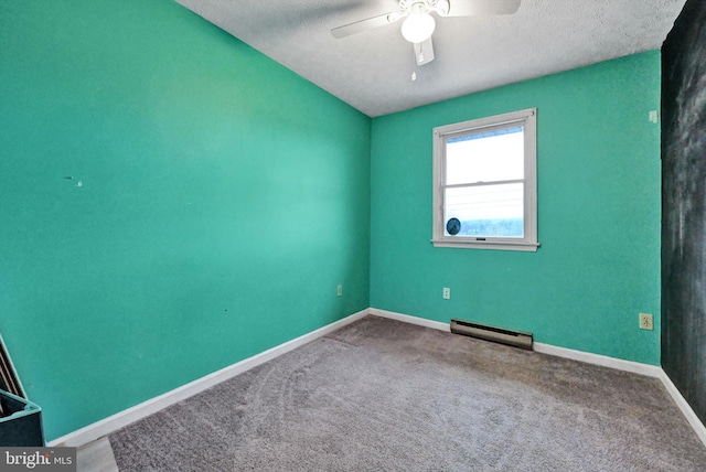 empty room with ceiling fan, carpet floors, a baseboard radiator, and a textured ceiling