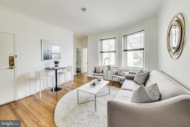 living room featuring ornamental molding and hardwood / wood-style flooring