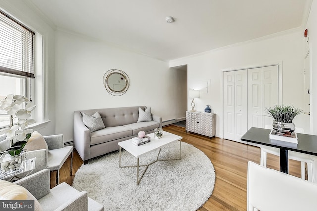 living room featuring hardwood / wood-style flooring, ornamental molding, and a baseboard radiator