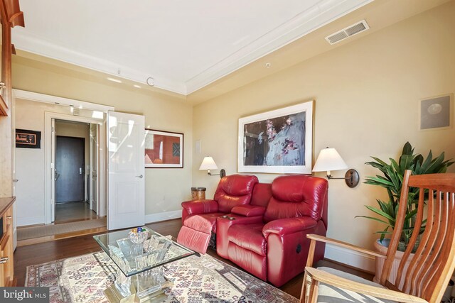 living room with dark hardwood / wood-style floors