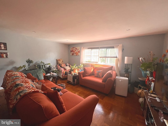 living room with parquet flooring