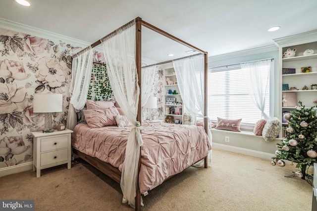 carpeted bedroom with crown molding