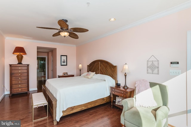 bedroom with ceiling fan, crown molding, and dark wood-type flooring