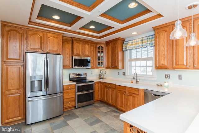 kitchen featuring coffered ceiling, sink, appliances with stainless steel finishes, beamed ceiling, and decorative light fixtures