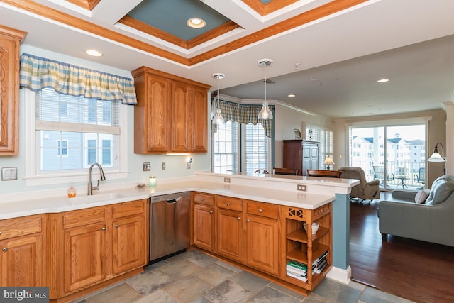 kitchen with pendant lighting, coffered ceiling, stainless steel dishwasher, ornamental molding, and kitchen peninsula