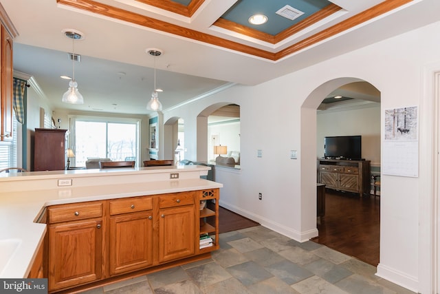 kitchen with dark wood-type flooring, coffered ceiling, crown molding, hanging light fixtures, and beamed ceiling