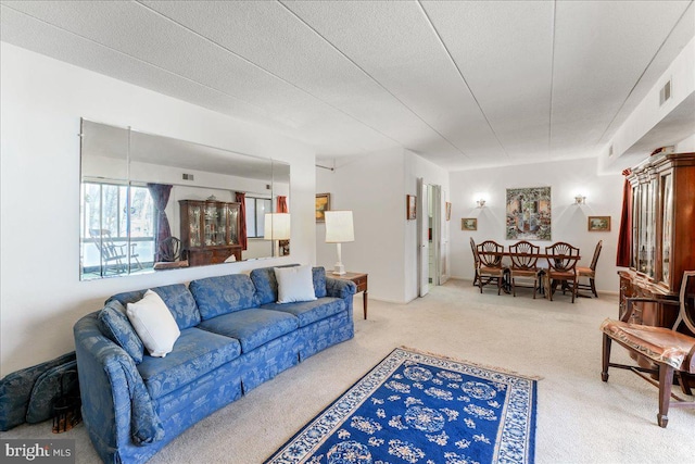 living room featuring carpet floors and a textured ceiling