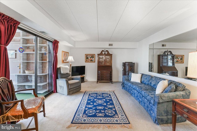 carpeted living room with a textured ceiling