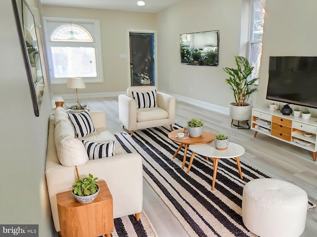 living room with light hardwood / wood-style flooring