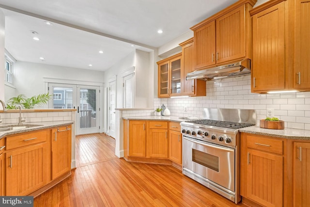 kitchen featuring light stone countertops, tasteful backsplash, sink, light hardwood / wood-style flooring, and stainless steel gas stove