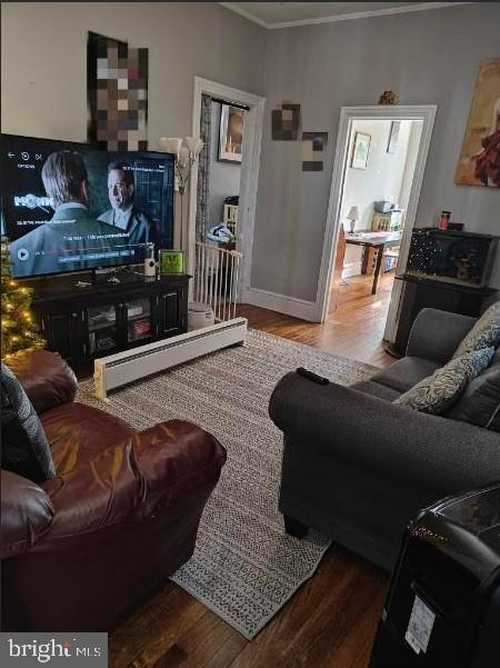 living room featuring hardwood / wood-style floors and crown molding