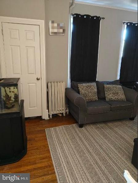 living room featuring crown molding, radiator heating unit, and dark wood-type flooring