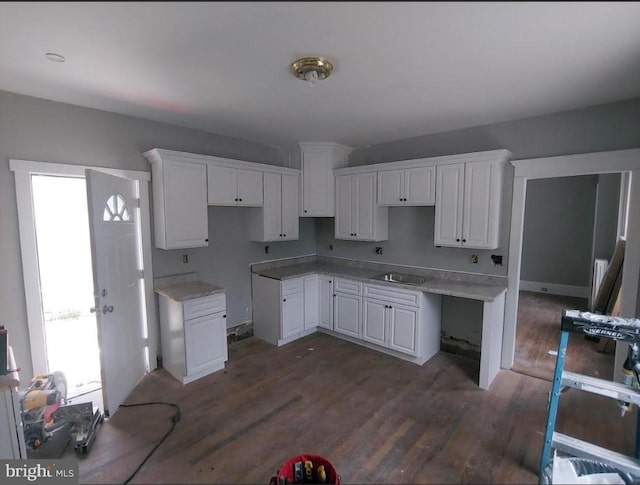 kitchen with white cabinetry and dark hardwood / wood-style floors