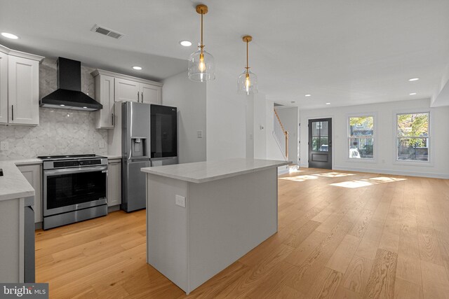 kitchen featuring a center island, backsplash, wall chimney range hood, light wood-type flooring, and appliances with stainless steel finishes