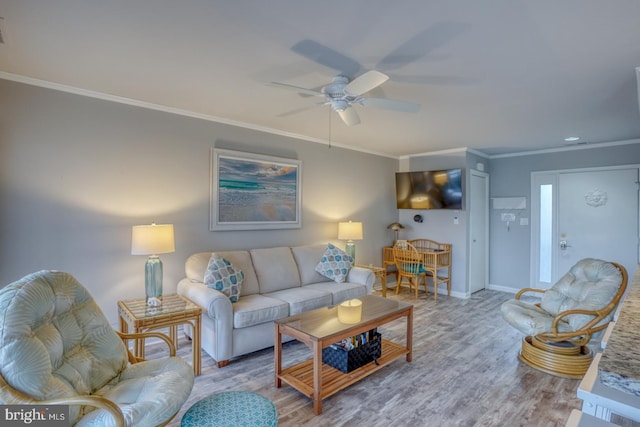 living room featuring hardwood / wood-style floors, ceiling fan, and crown molding