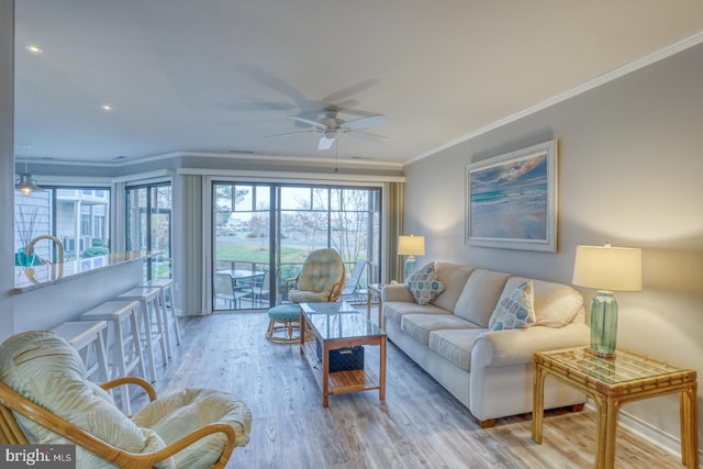 living room featuring ceiling fan, ornamental molding, and light hardwood / wood-style flooring